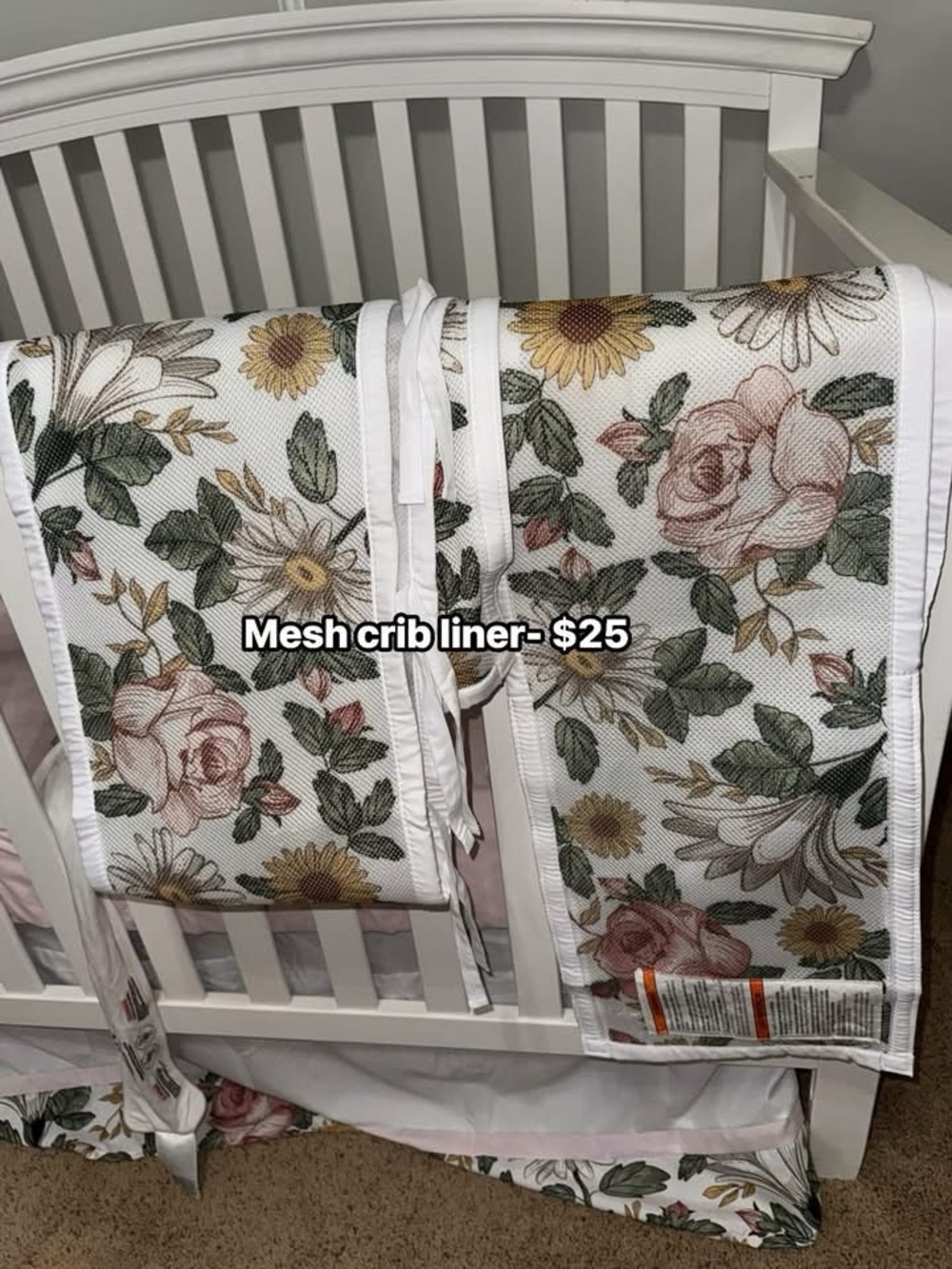 Floral Mesh Crib Liner in White and Pink